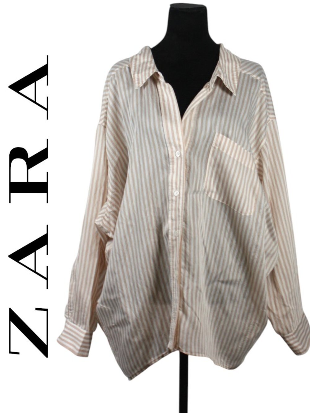 Zara Beige & White Striped Button Down Long Sleeve Oversized Shirt Size Medium